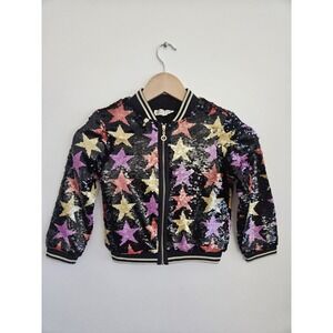 HANNAH BANANA Girls 6X Sequin Star Bomber Jacket Black Gold Multi Pop Star Glam
